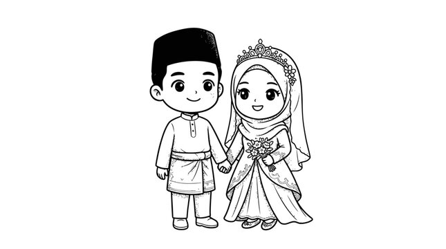 Muslim wedding couple in traditional attire cute cartoon style.