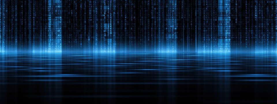 Digital blue code cascades onto a reflective surface