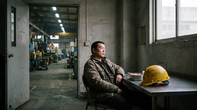Tired factory worker resting with eyes closed at a table with a yellow safety helmet and lunch box inside an industrial workshop.