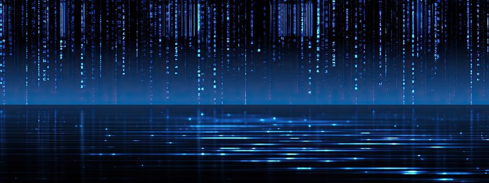 Abstract digital rain falls on a reflective, blue, futuristic surface