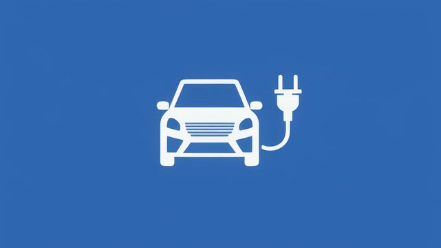 Electric car charging icon sequence during clean energy transition on blue background