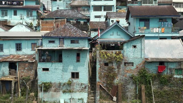 Handheld of Houses at Arema Blue Village Malang Indonesia, Townscape, Famous Neighborhood, Kampung Biru