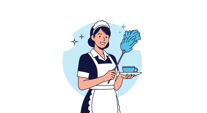 Friendly hotel maid in uniform holding a feather duster and a tray with a cup of coffee or tea against a blue circle.