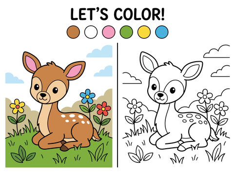 Educational coloring page for children with a cute baby deer sitting in a flower meadow