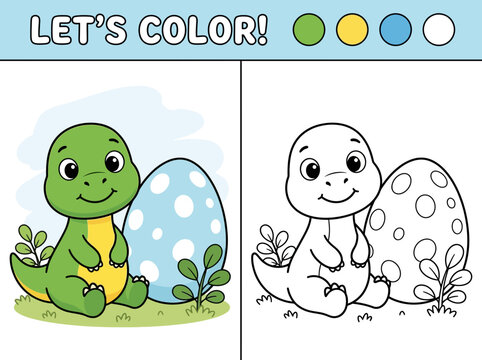 Coloring page for children featuring a cute baby dinosaur sitting next to a large spotted easter egg