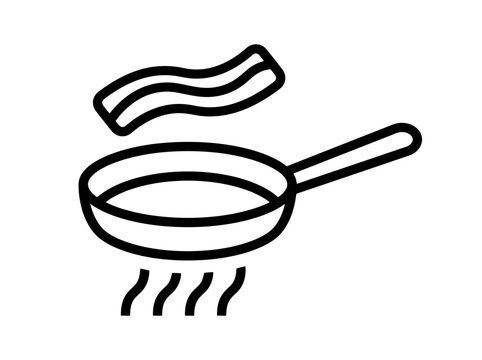 Frying pan icon cooking delicious strip of meat in black outline