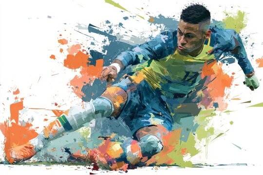 A vibrant vector illustration of a soccer player in dynamic action pose surrounded by colorful paint splatters on a white background.