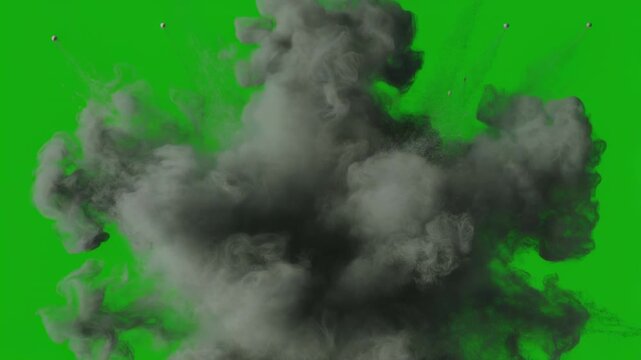 Explosion bloom on green screen during cinematic slow motion against black background