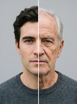Side by side portraits of the same man's face at a young and senior age, a concept of aging, wrinkles and time passing.