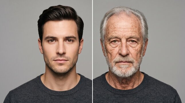 Side by side portraits of the same man's face at a young and senior age, a concept of aging, wrinkles and time passing.