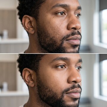 Close-up profile of a Black man's cheek showing acne scars and texture before, and smoother clear skin after a dermatology treatment.