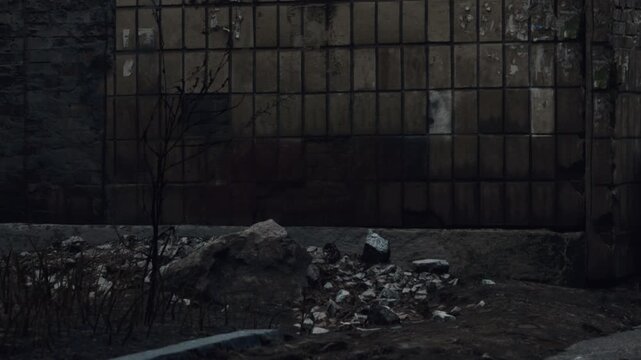 A wall made of bricks stands in a place that seems abandoned. Pieces of rocks and rubble lie on the ground nearby. The scene shows signs of neglect and decay.