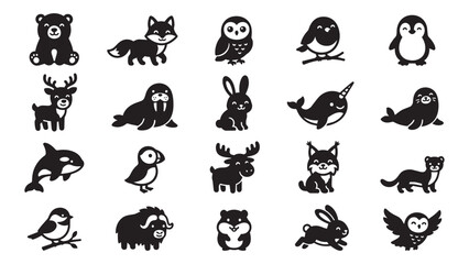 Fototapeta premium Set of cute animal silhouettes collection featuring arctic and wild creatures isolated on white background for children and educational design