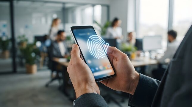 Close-up of a person using biometric fingerprint authentication on a smartphone in a modern office.