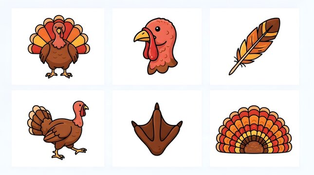 A collection of cute thanksgiving turkey cartoon elements featuring various bird poses feathers and footprints designed as fun stickers for festive autumn holiday season creative