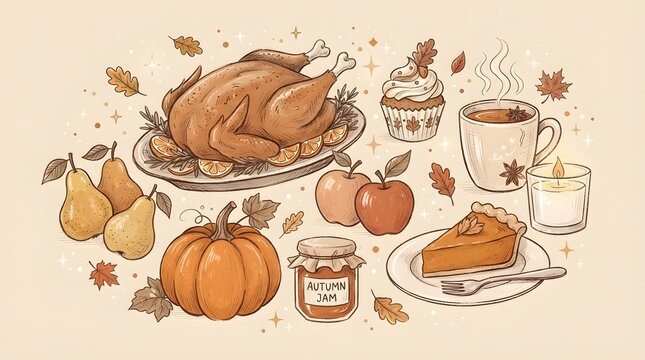 A festive hand drawn thanksgiving turkey cartoon illustration featuring a roasted bird pumpkin pie autumn fruits and seasonal decorations for a cozy holiday dinner celebration