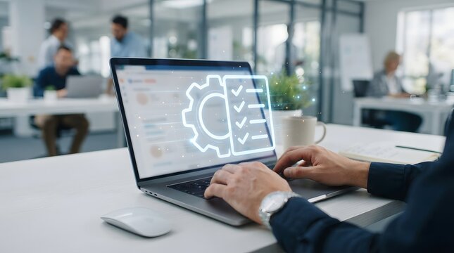 Digital automation icon of gear and checklist overlay on laptop in modern office setting.