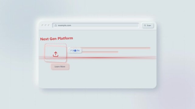 Website upload interface animation showing file submission, automated scanning and successful website audit result in a modern neumorphic browser dashboard