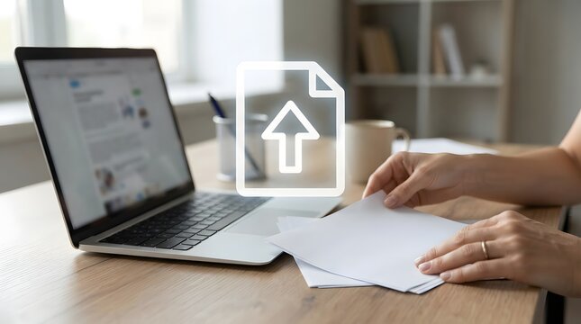 Person uploading documents to a laptop, illustrating digital file transfer and data backup concept.