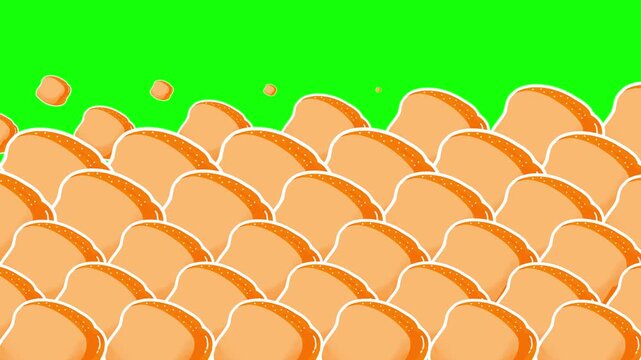 4K motion graphics transition animation of white bread on chroma key green screen background.