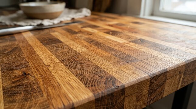 Close-up of rustic oak butcher block countertop with natural wood grain and warm tones for kitchen design