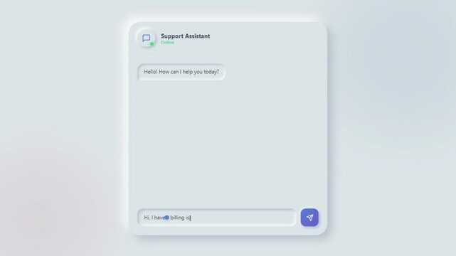 Customer support chat interface animation showing a billing issue, order ID request and refund confirmation for online service assistance