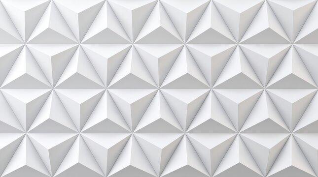 Abstract white geometric 3D pattern texture featuring repetitive pyramid shapes triangles forming a modern minimalist architectural wall surface design element suitable