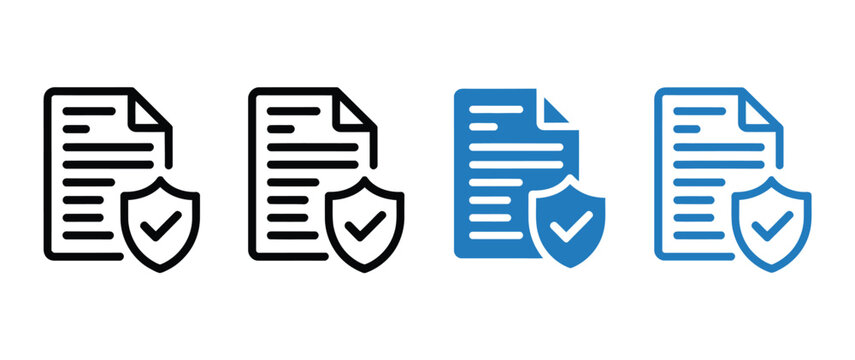 Secure document protection icon set, paper sheets with shield and checkmark symbols, privacy insurance and policy security vector graphics for legal and business design. 