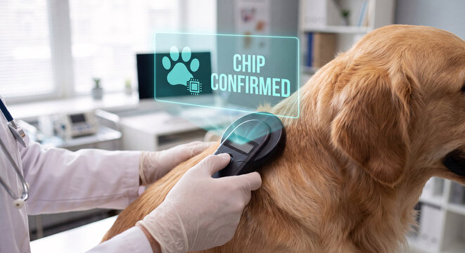 hand scanning dog microchip with chip confirmed hologram, paw icon, chip symbol, pet identification technology concept
