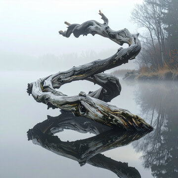 Twisted driftwood reflection calm water