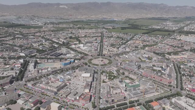 Aerial view of Tekes Bagua city, Ili, Xinjiang, China. City without traffic light.
