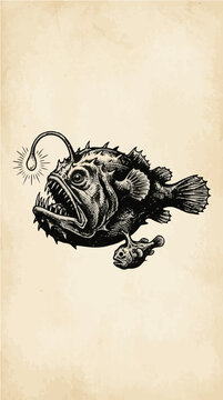 Anglerfish Female Male Fused Parasite Body Lure Monochrome Vector