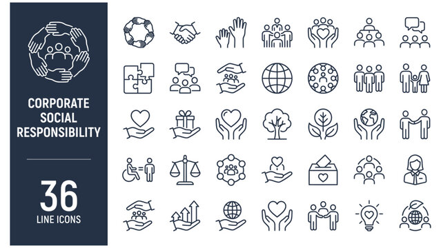Corporate Social Responsibility Line Icon Set with Editable Stroke. Collection of community, cooperation, volunteering, diversity, inclusion, unity, teamwork, equity, partnership, and ethics symbols.