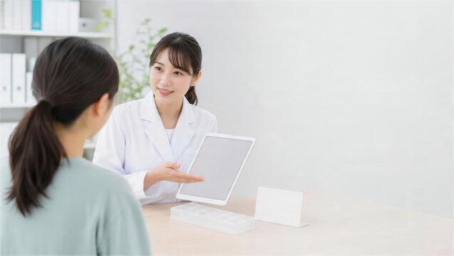 薬局で電子お薬手帳の画面を見ながら相談する薬剤師と患者