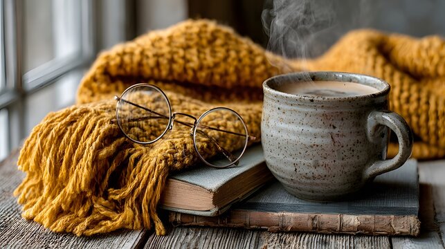 Steaming ceramic mug beside round glasses on vintage books with mustard knit blanket