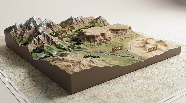 3D isometric model of geographical landforms on a topographic map
