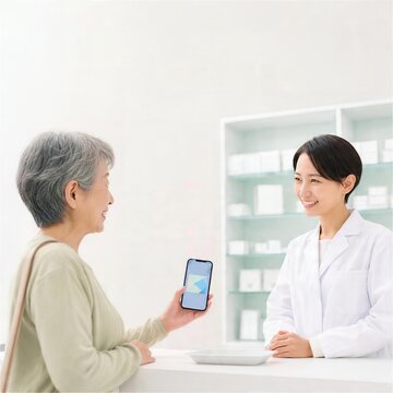 薬局カウンターでスマートフォンを提示する高齢女性と薬剤師