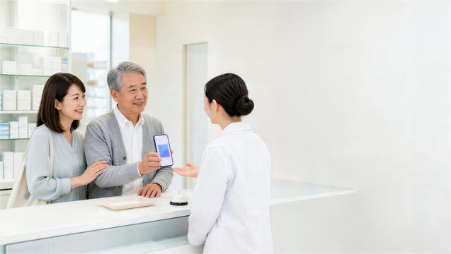 家族に支えられて薬局カウンターでスマートフォンを提示する高齢男性