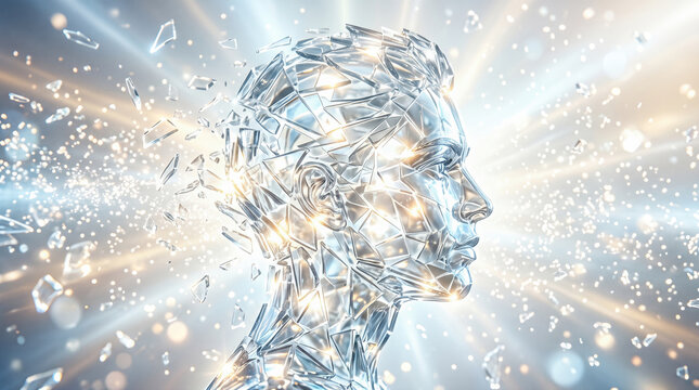 Transparent crystalline human profile head shattering outward into sharp flying fragments revealing glowing interior illumination against dynamic futuristic bright abstract studio background