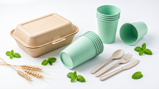 Sustainable green compostable paper cups sitting beside brown recycled takeout food container wooden cutlery representing eco friendly biodegradable zero waste packaging