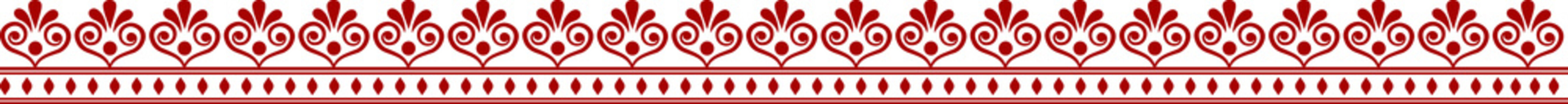 Happy Durga Puja decorative horizontal border featuring intricate red ornamental motifs and traditional Indian patterns for Bengali festival celebrations, invitations, banners, festive backgrounds