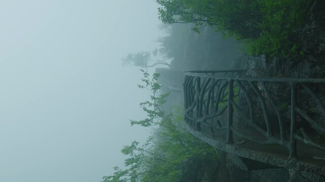 Static wide shot of a dramatic concrete cliffside walkway on Tianmen Mountain disappearing into heavy whiteout fog