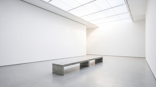 Spacious minimal museum hall displaying stark white walls facing long solid concrete bench resting upon seamless grey flooring under bright skylight roof