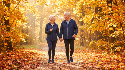 Obraz premium Happy senior husband and wife holding hands while walking along rural dirt path through bright yellow autumn forest trees wearing blue activewear