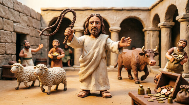Dramatic artwork of Jesus driving out money changers during the First Cleansing of the Temple.