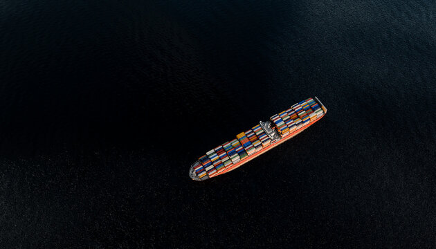 Aerial view of a container ship transporting goods across the ocean