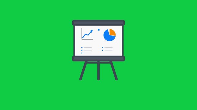 Business Presentation Board with Financial Line Graph and Pie Chart Analytics Icon Illustration on Isolated Green Screen Background