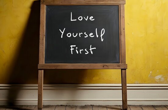 Chalkboard with text written LOVE YOURSELF FIRST, positive self-talk affirmation, put yourself as first priority with self-love and self-respect