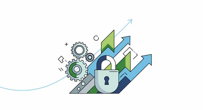 Digital Cybersecurity Protection and Data Growth Analysis Concept with Lock Mechanism and Upward Trending Business Statistics Vector Illustration