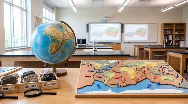 Well-equipped modern science classroom featuring educational tools for earth science and geology exploration, ready for students to learn about the planet's dynamics and geographic concepts